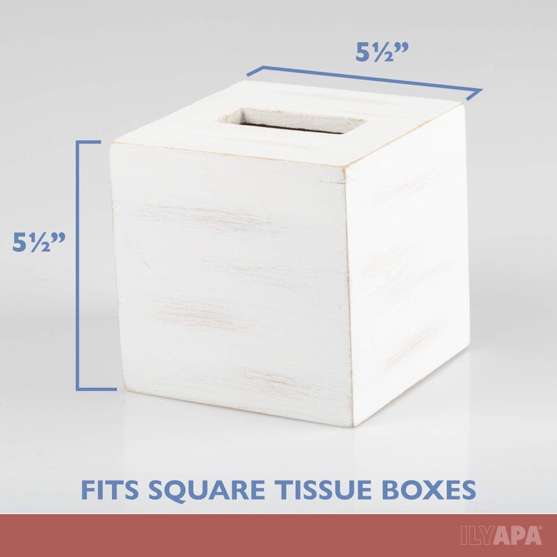 Ilyapa Wood Tissue Box Cover Square - Rustic Farmhouse White Wooden Tissue Holder - Image 2